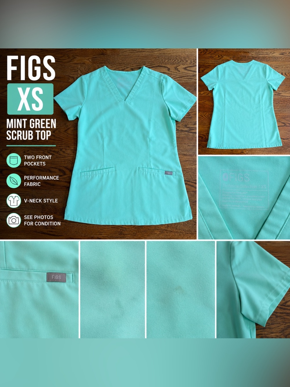 FIGS Scrub Top | Mint Green / Aqua | XS | Women’s Medical Uniform Top Sea Glass
